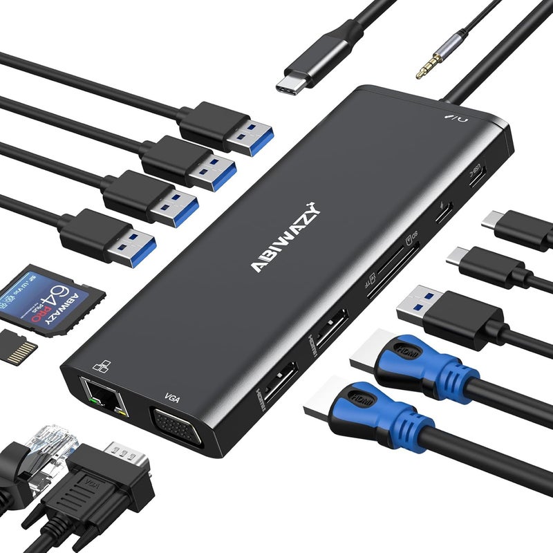 ABIWAZY USB C Docking Station Dual Monitor for Dell/HP/Lenovo/Surface Laptop, 14 in 1 Triple Display Hub Multiple Adapter, Dongle with 2 HDMI 4K VGA 5 Port 100W PD Charger Ethernet SD/TF Audio(Black) - Image 1